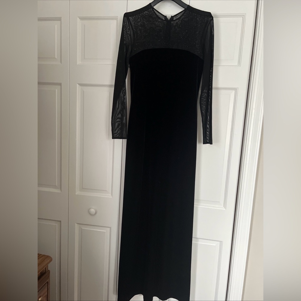 Velvet Maxi Dress, Embellished Vintage Sheer Neckline, Black Size 6